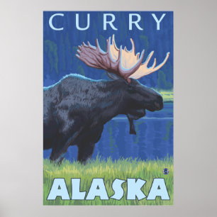 Póster Moose de noche - Curry, Alaska