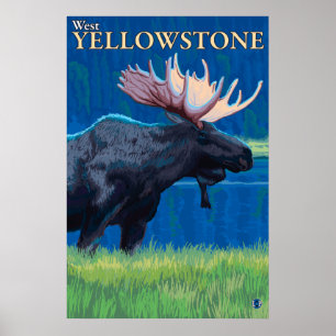 Póster Moose de noche - West Yellowstone, Montana