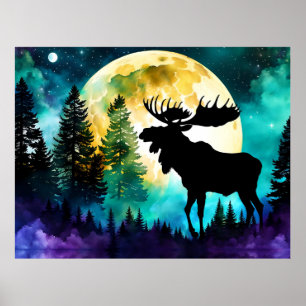 Póster Moose en el bosque Luna llena