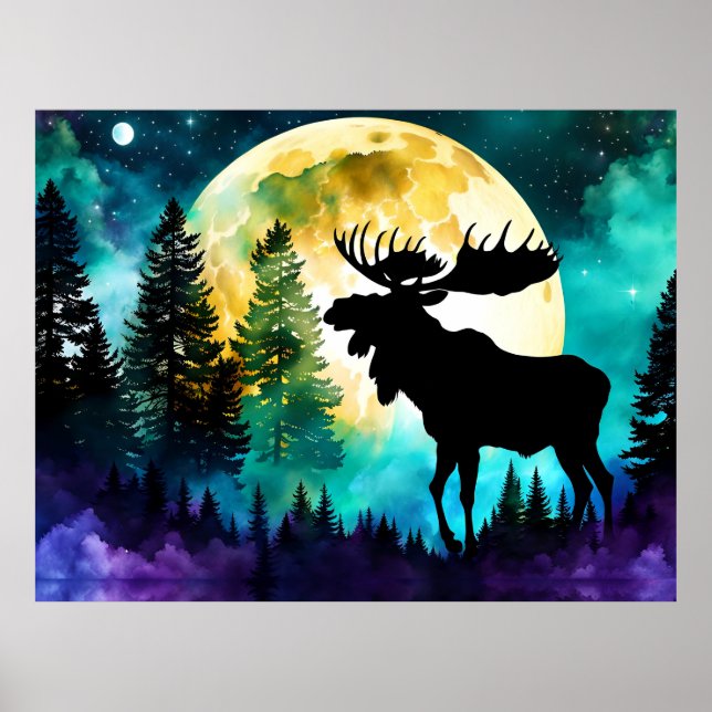 Póster Moose en el bosque Luna llena (Frente)