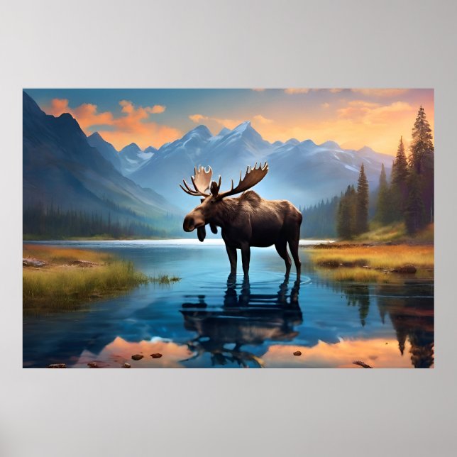 Póster Moose en el lago (Frente)
