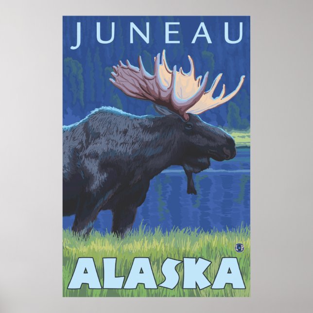 Póster Moose en la noche - Juneau, Alaska (Frente)