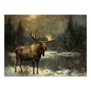 Póster Moose en un paisaje invernal