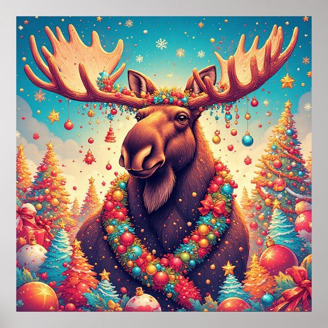 Póster Moose festivo decorado con adornos navideños (Frente)
