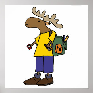 Póster Moose gracioso con mochila de vuelta a la escuela 
