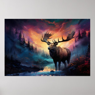 Póster Moose In Canyon Creek Con Distante Fuego Inferior