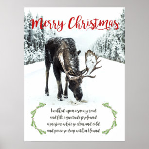 Póster Moose In Winter Snow Photo Verse Feliz Navidad