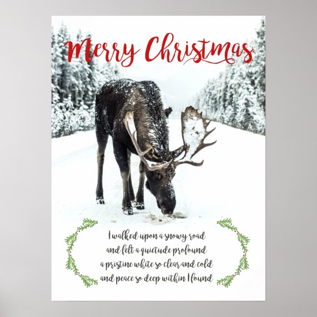Póster Moose In Winter Snow Photo Verse Feliz Navidad (Frente)