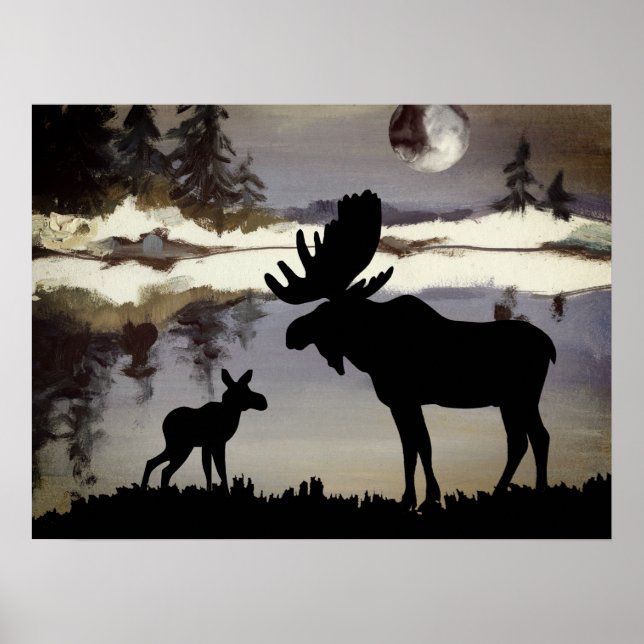 Póster Moose nocturno acuático y bosque de bebés (Frente)