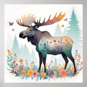 Póster Moose Vintage Animal Nature Forest Flowers Art
