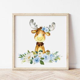 Póster Moose, Woodland Animals, Boho, Flores azules