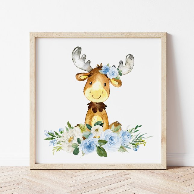 Póster Moose, Woodland Animals, Boho, Flores azules (Subido por el creador)