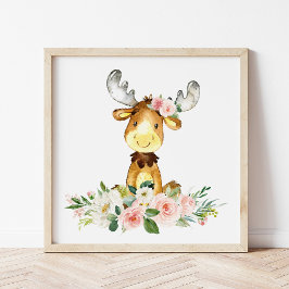 Póster Moose, Woodland Animals, Boho, Flores Rosa