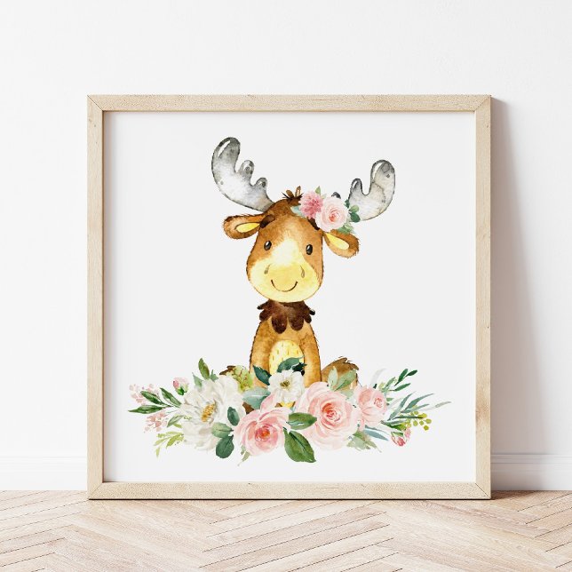 Póster Moose, Woodland Animals, Boho, Flores Rosa (Subido por el creador)
