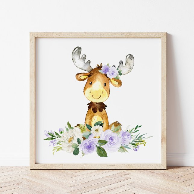 Póster Moose, Woodland Animals, Boho, Purple Flowers (Subido por el creador)