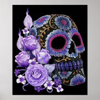 Póster Morado Floral Black Sugar Skull Día De Los Muertos