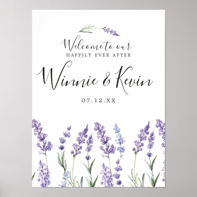 Póster Morado Floral, Boda Lavender (Frente)