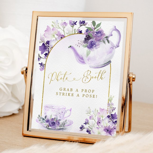 Póster Morado Floral Bridal Shower Tea Photo Booth Rótulo (Subido por el creador)
