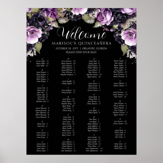Póster Morado gótico y Moody Florals Quinceañera (Frente)