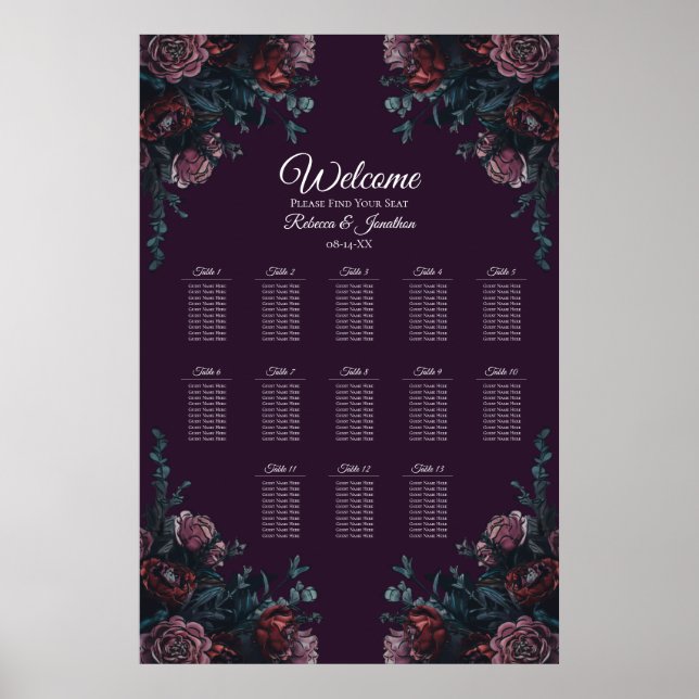 Póster Morado oscuro Floral Elegante Boda Maroon Mauve (Frente)