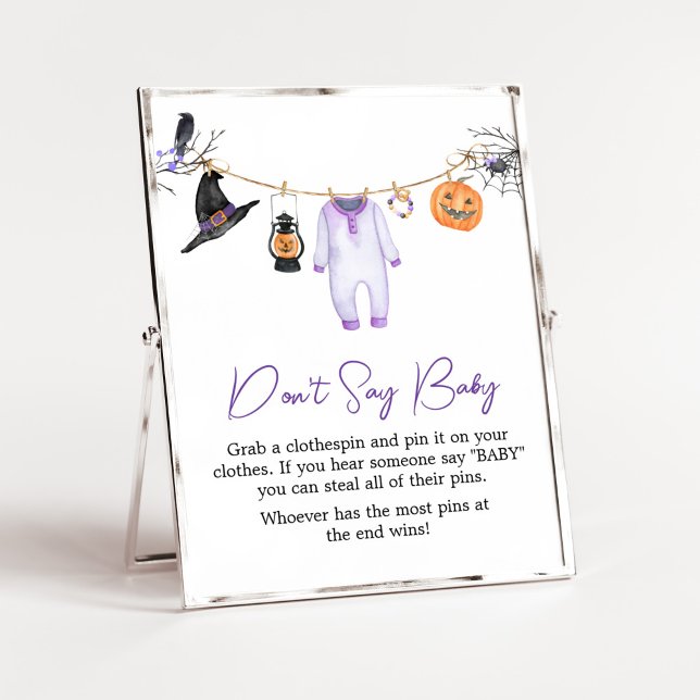 Póster Morado Pequeño Boo Halloween no dice bebé (Halloween Baby Clothes Baby Shower Don't Say Baby Sign)