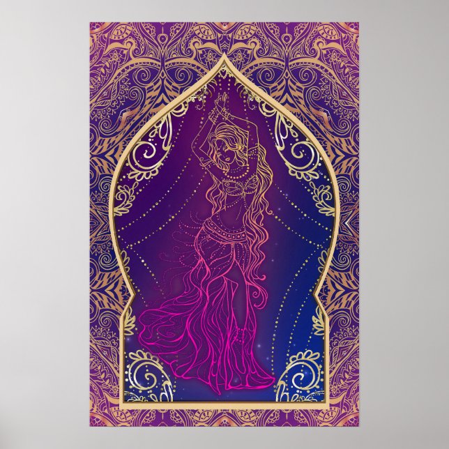 Póster Morado y dorado glam de baile de vientre árabe mar (Frente)