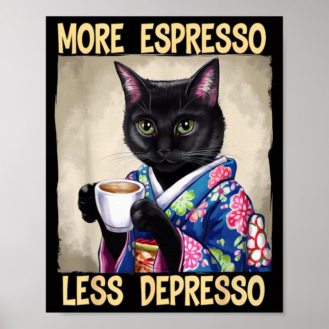 Póster More Espresso Less Depresso Japanese Art Funny Cat (Frente)