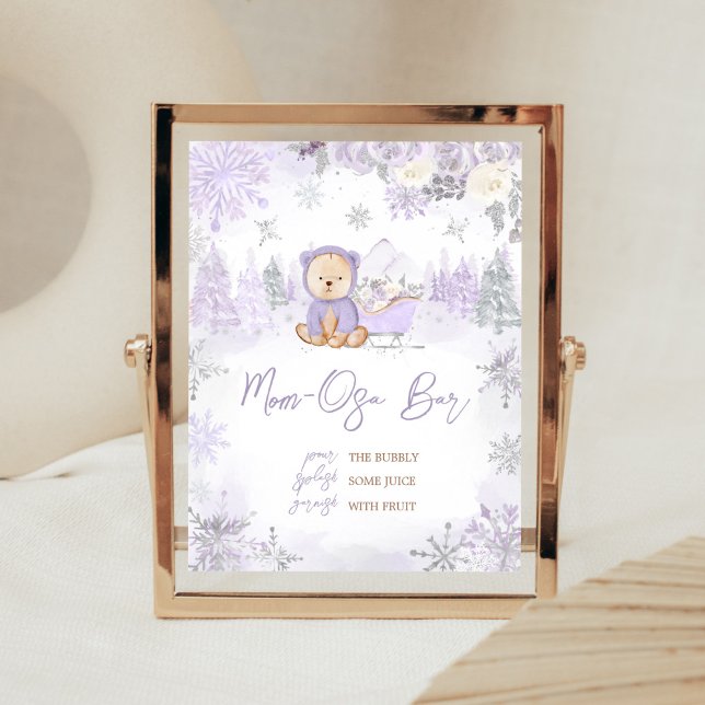 Póster Morple Winter Bear Baby Shower Mom Osa Bar (Purple Teddy Bear Baby Shower Mom Osa Bar Sign)