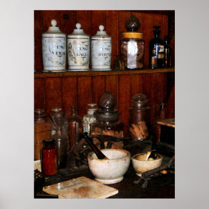 Póster Mortero y pestle en la farmacia