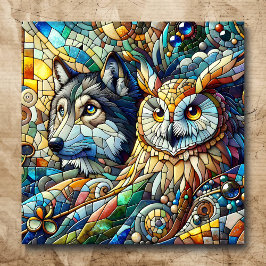 Póster Mosaic Tile Wolf y Owl