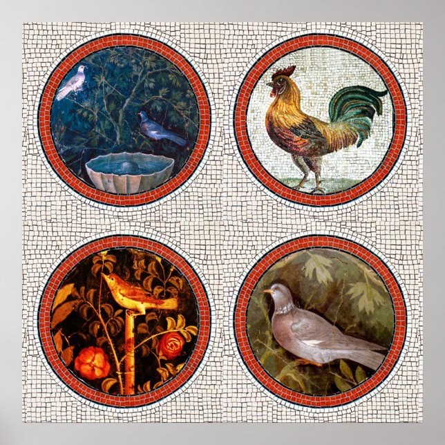 PÓSTER MOSAICIAS ROMANAS ANTIGUAS / ROSAS DE AVES Y ROOST (Frente)