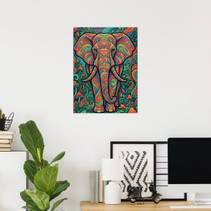 Póster Mosaico abstracto psicodélico de elefante cósmico