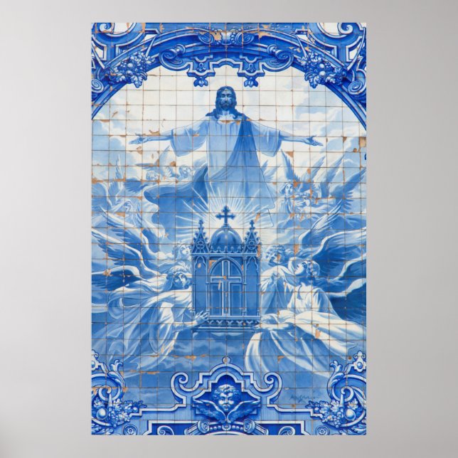 Póster Mosaico de azulejos azules de jesús, Portugal (Frente)