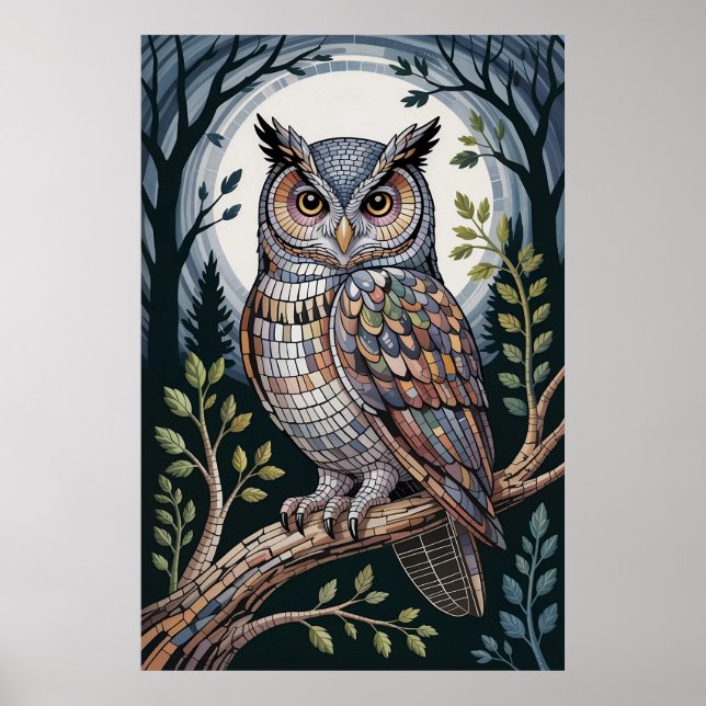 Póster Mosaico de Búho Nocturno del Bosque (Frente)