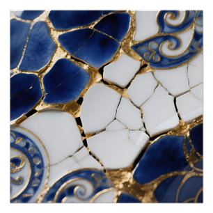Póster Mosaico de porcelana azul blanco oro Kintsugi