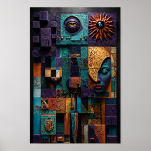 Póster Mosaico Escultórico Oracle Wall - 3D Púrpura Teal