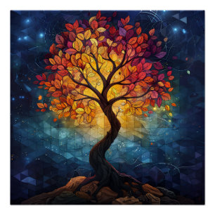 Póster Mosaico Geométrico de Radiancia de Árbol de Otoño