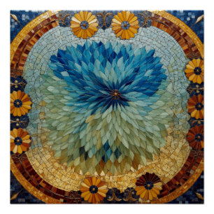 Póster Mosaico Verde Azul Floral