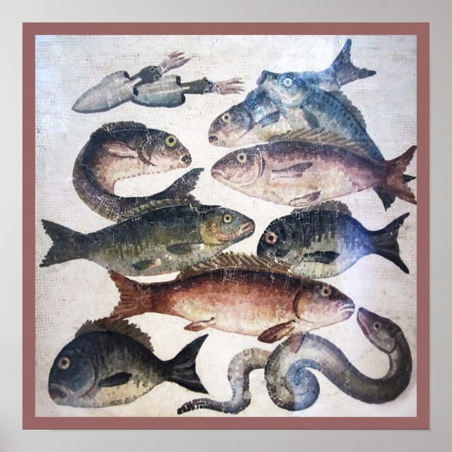 PÓSTER MOSAICOS ROMANOS ANTIGUOS, PESCADOS, ESCENA DE VID (Frente)