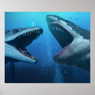 Póster Mosasauro versus megalodon