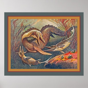 Póster Mosasaurus & Ichthyosaurs aproximadamente 1912 Hei