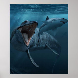 Póster Mosasaurus persiguiendo al tiburón