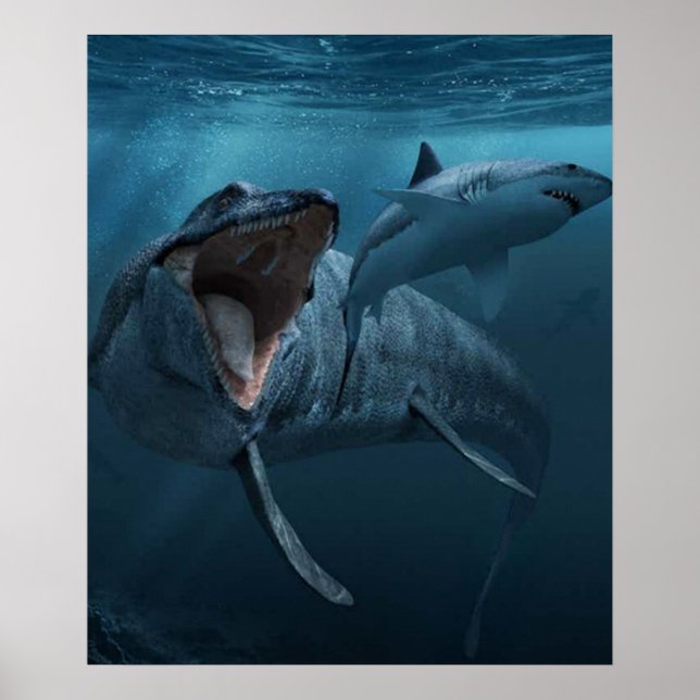 Póster Mosasaurus persiguiendo al tiburón (Frente)