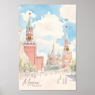 Póster Moscú Rusia Gouache Paint Ilustracion Viaje