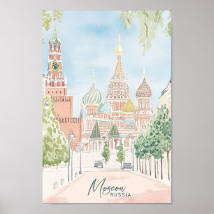 Póster Moscú Rusia Gouache Paint Ilustracion Viaje
