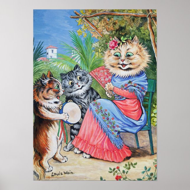 Póster Mother Cat with Fan and Kittens, Louis Wain (Frente)