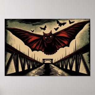 Póster Mothman and Bridge Spooky Woodcut Art Print