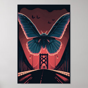 Póster Mothman and Bridge Spooky Woodcut Art Print