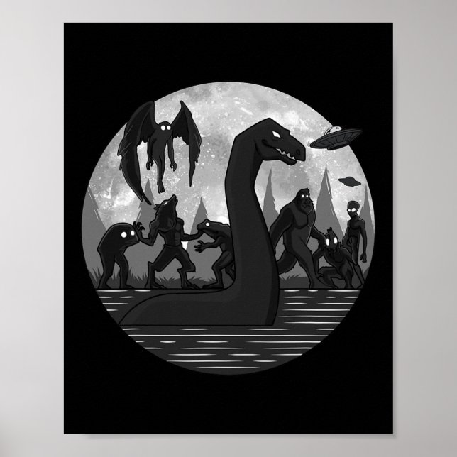 Póster Mothman Bigfoot Loch Ness Monster Aliens UFO Fun C (Frente)