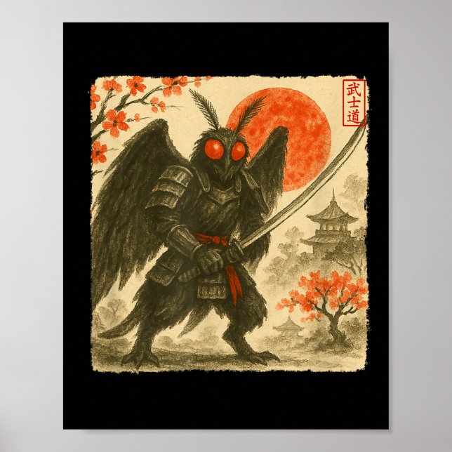 Póster Mothman Samurái Traje de Guerrero Japonés Sumi-e A (Frente)